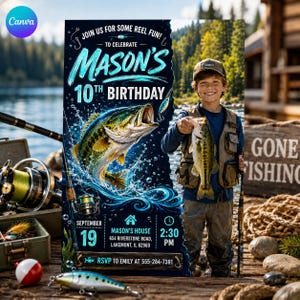 Może przedstawiać: Zaproszenie urodzinowe z motywem wędkarskim, ilustracją okonia, rozpryskami wody i tekstem "Join us for some reel fun! To celebrate Mason's 10th birthday". Zawiera szczegóły wydarzenia zaplanowanego na 19 września na godzinę 14:30.