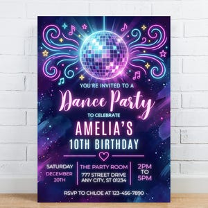 May include: A dance party invitation featuring a disco ball, musical notes, and stars. The invitation is for Amelia's 10th birthday, with event details including date, time, and location. The design uses neon pink and blue colours.