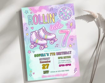 Editable Rollin Into Birthday Invitation, Roller Skate Party Invite for Ages 4-14, Canva Template A090