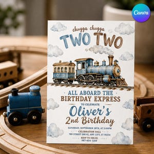 Könnte beinhalten: Eine rechteckige Geburtstagseinladungskarte mit einer Aquarellillustration eines blau-braunen Dampfzuges auf Schienen. Der Text lautet: chugga chugga TWO TWO, ALL ABOARD THE BIRTHDAY EXPRESS TO CELEBRATE Oliver's 2nd Birthday sowie Veranstaltungsdetails.