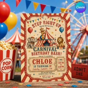 Può includere: Un invito di compleanno a tema circo con una tenda a strisce rosse e bianche, un orso, un elefante e un leone. Il testo recita: Step Right Up, Carnival Birthday Bash, Chloe is turning 8, Saturday, September 27th, dalle 13:00 alle 16:00.