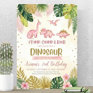 Invitación de cumpleaños de dinosaurio, invitación para fiesta de dinosaurios para niña, plantilla de Canva editable de dinosaurio rosa para el segundo cumpleaños (A700)
