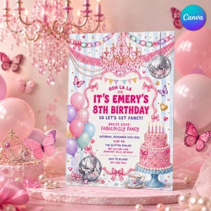 May include: A rectangular birthday invitation card featuring a light blue and white striped background with pink balloons, butterflies, a two-tier pink cake, a disco ball, and a chandelier. The text reads: OOH LA LA IT'S EMERY'S 8TH BIRTHDAY.