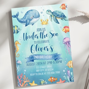 Under the Sea 2nd Birthday Invitation Editable Canva Template Ocean Party Invite Boy Sea Animals Cute A595