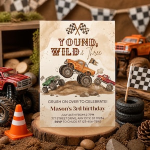 May include: A birthday invitation card featuring a beige watercolor background with illustrations of three monster trucks, checkered flags, and the text: YOUNGD, WILD & THREE, CRUSH ON OVER TO CELEBRATE! Mason's 3rd birthday, July 26th from 2-7pm, 777 STREET DRIVE, ANY CITY, ST 01234, RSVP TO CHLOE AT 123-456-7890.