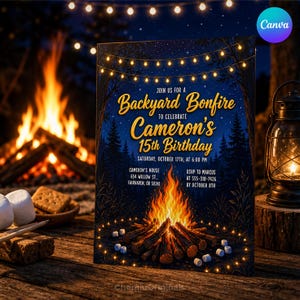 May include: A rectangular invitation card for a backyard bonfire 15th birthday party. The design features a dark blue night sky, a central campfire, string lights, and pine trees. Text includes: Join us for a Backyard Bonfire to celebrate Cameron's 15th Birthday, Saturday, October 17th, at 6:00 PM, Cameron's House 654 Willow St., Fairhaven, OR 58241, RSVP to Marcus at 555-318-7426 by October 8th.