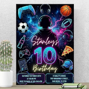 May include: A birthday invitation poster featuring a neon-style silhouette of a person wearing headphones, surrounded by icons of a game controller, soccer ball, basketball, football, pizza, and smartphone. Text reads: Stanley's 10 Birthday, Saturday October 25th.