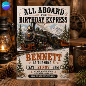 May include: A rectangular birthday invitation card featuring a vintage steam locomotive on snowy tracks with mountains and pine trees. Text reads: ALL ABOARD THE BIRTHDAY EXPRESS, BENNETT IS TURNING 5, SAT 21 NOV 3PM, AT 418 MAPLE ROAD, PINEWOOD, CO 80435, RSVP TO MOM 303-555-6824.