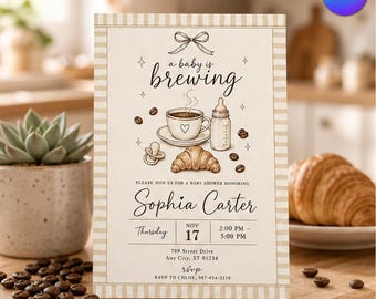 May include: A rectangular baby shower invitation card with a beige and white striped border. The text reads a baby is brewing, Sophia Carter, Thursday Nov 17, 2:00 PM - 5:00 PM, 789 Street Drive, Any City, 01234, and RSVP to Chloe, 987-654-3210.