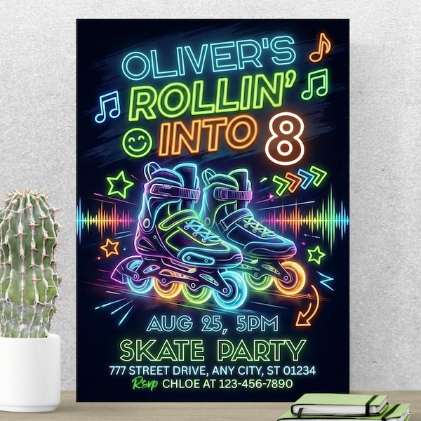 Rollin Into Birthday Roller Skate Invitation, Neon Skate Party Invite, Editable Canva Template A392