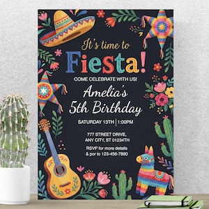 May include: A festive invitation with a black background, featuring colorful illustrations of a sombrero, pinata, guitar, and a llama. The text reads "It's time to Fiesta!" and announces Amelia's 5th birthday.