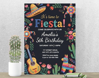 It's Time to Fiesta Birthday Invitation, Mexican Fiesta Party Invite, Editable Canva Template A270