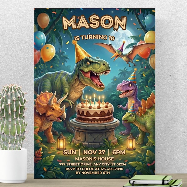 Dinosaurusverjaardagsuitnodiging, kinder dino-feestuitnodiging, bewerkbare canvassjabloon A221