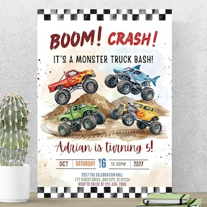 Könnte beinhalten: Eine farbenfrohe Einladung zu einer Monster-Truck-Geburtstagsfeier. Das Design zeigt vier Monster Trucks in Rot, Grün, Blau und Gelb, mit dem Text "BOOM! CRASH!" und "It's a Monster Truck Bash!". Die Einladung ist für Adrians 5. Geburtstag.