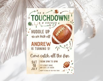 May include: Football-themed birthday invitation with watercolor illustrations. The invitation features a football, play diagrams, and the text "TOUCHDOWN!" and "ANDREW IS TURNING 3!". The invitation is set against a light beige background.