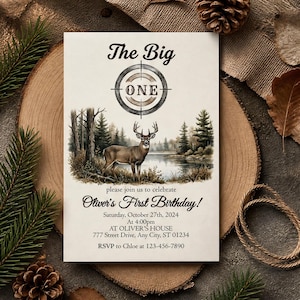 Editable The Big One First Birthday Invitation, Hunting Theme Birthday Invite, Editable Canva Template A360
