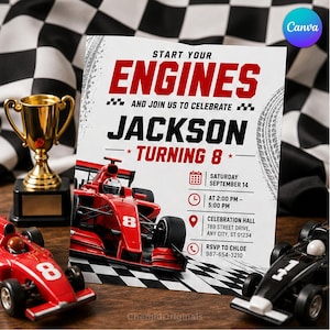 May include: A rectangular birthday invitation card featuring a red race car graphic and the text Start Your Engines and Join Us to Celebrate Jackson Turning 8. The card includes event details for Saturday September 14 from 2:00 PM to 5:00 PM.