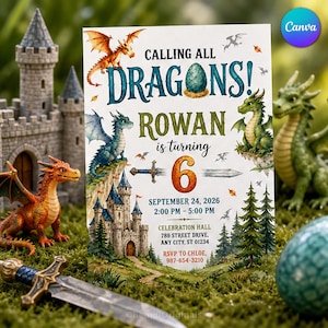 Op de afbeelding: Een rechthoekige verjaardagsuitnodigingskaart met illustraties van draken, een kasteel en een zwaard. De tekst luidt: CALLING ALL DRAGONS! ROWAN is turning 6, SEPTEMBER 24, 2026, 2:00 PM - 5:00 PM, CELEBRATION HALL, 789 STREET DRIVE, ANY CITY, ST 01234, RSVP TO CHLOE, 987-654-3210.