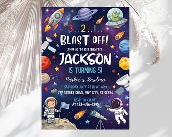 Space Birthday Invitation, Outer Space Party Invite, Astronaut Birthday Invite for Kids, Rocket Galaxy Canva Template