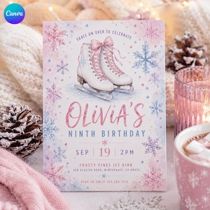 May include: A rectangular birthday invitation card featuring a pair of white ice skates with pink bows, surrounded by blue and pink watercolour snowflakes. The text reads: SKATE ON OVER TO CELEBRATE OLIVIA'S NINTH BIRTHDAY SEP 19 2PM FROSTY PINES ICE RINK.
