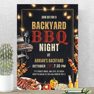 May include: A Backyard BBQ Night invitation on a black background with a wooden texture. The text includes "Join us for a Backyard BBQ Night at Adrian's Backyard" with date, time, and RSVP information. Decorative string lights and food illustrations are included.