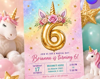 Invito di compleanno con unicorno, palloncino dorato, arcobaleno pastello, festa di compleanno per bambina con fiori, modello Canva B390