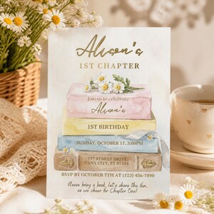 Editable First Chapter Birthday Invitation, Book Theme First Birthday Invite, Canva Template A382
