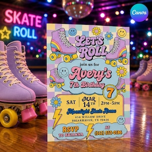 Könnte beinhalten: Eine rechteckige Geburtstagseinladungskarte mit pastellfarbenem Karomuster, Illustrationen von lila Rollschuhen mit Regenbogenstreifen, gelben Smileys und Gänseblümchen. Der Text lautet: Let's Roll, join us for Avery's 7th Birthday, Sat Mar 14th, 2pm-5pm, Moonlight Skate Arena, 654 Willow Drive, Briarhaven, TX 70436, RSVP to Brianna at 512-555-0186.
