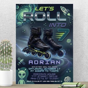 Roller Skating Birthday Invitation | Let's Roll Into 7 Birthday Invite | Neon Glow Space Roller Blade Party | Boys 7th Birthday Bash! PA052