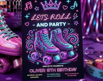 May include: A rectangular party invitation with a black background featuring neon-style graphics of two roller skates, a crown, musical notes, and stars. The text reads: LETS ROLL AND PARTY, JOIN US TO CELEBRATE, OLIVER 8TH BIRTHDAY, SATURDAY, JAN 25TH, 3:00-5:00PM, 777 STREET DRIVE, ANY CITY, ST 01234, RSVP TO CHLOE AT 123-456-7890.