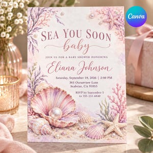 Puede incluir: Una tarjeta de invitación rectangular para baby shower con ilustraciones en acuarela de conchas, corales y perlas en tonos rosa y morado. El texto dice: SEA YOU SOON baby, JOIN US FOR A BABY SHOWER HONORING Eliana Johnson, sábado 19 de septiembre de 2026.