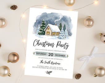 May include: A Christmas party invitation with a watercolor illustration of a snow-covered house and trees. The text "Christmas Party" is displayed in elegant script, with event details below, including the date, time, and location.