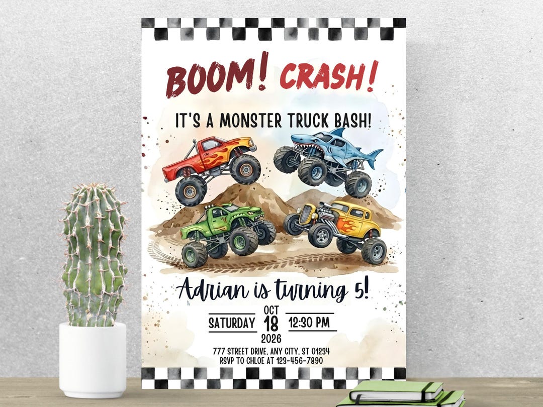 Monster Truck Birthday Invitation Template, Editable Canva Invite, 5x7 & Mobile, Truck Par