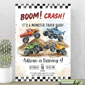 May include: An invitation card with the text "BOOM! CRASH!" and "IT'S A MONSTER TRUCK BASH!". The design shows four monster trucks in red, green, blue, and yellow. The invitation is for Adrian's 5th birthday, scheduled for October 18, 2026.