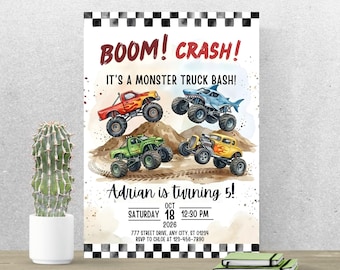 Faire-part d'anniversaire Monster Truck, Monster Truck Bash Party inviter, modèle de toile modifiable A214