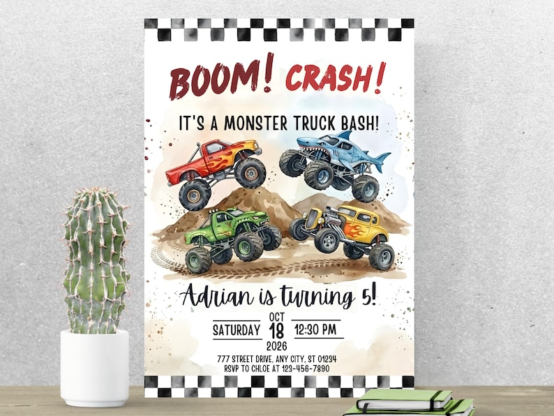 May include: A colorful invitation with the words "BOOM! CRASH!" and "IT'S A MONSTER TRUCK BASH!". The design features four monster trucks in red, green, blue, and yellow. The invitation is for Adrian's 5th birthday, scheduled for October 18, 2026.