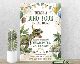 Dino Four Birthday Invitation, Dinosaur Party Invite, Editable Canva Template A206