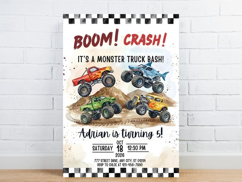 May include: A party invitation with a monster truck theme. The design features four colorful monster trucks, the text "BOOM! CRASH!" and "It's a Monster Truck Bash!" The invitation is for a child's 5th birthday.