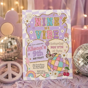May include: A rectangular birthday invitation card with a light purple checkerboard background. The text reads NINE IS A VIBE, Alison's 9th BIRTHDAY, Saturday NOV 17TH at 4pm, The Party Room 777 Street Drive Any City 01234, RSVP Chloe 123-456-7890.