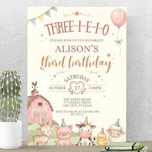 May include: A birthday invitation card featuring the text THREE-I-E-I-O, ALISON'S third birthday, SATRUDAY OCTOBER 17 3:00PM, THE PARTY ROOM 777 STREET DRIVE ANY CITY, ST 01234, RSVP TO CHLOE AT 123-456-789 BY OCT 5, with farm animal illustrations.
