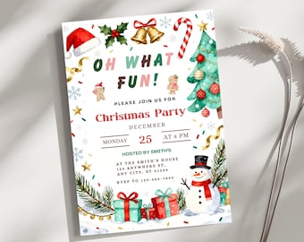 Christmas Party Invitation, Oh What Fun Holiday Template, Editable Canva Digital Download