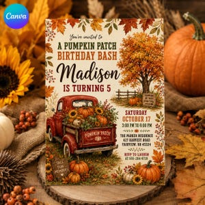 Puede incluir: Una tarjeta de invitación de cumpleaños rectangular con un camión vintage rojo lleno de calabazas y girasoles. El texto dice: You're invited to A PUMPKIN PATCH BIRTHDAY BASH Madison IS TURNING 5, SATURDAY OCTOBER 17, 3:00 PM TO 6:00 PM.