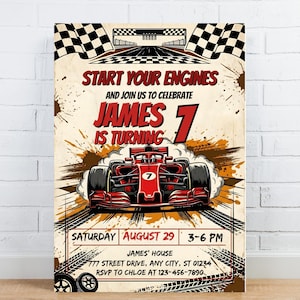 May include: A vintage-style birthday invitation featuring a red race car with the number 7. The text reads "Start Your Engines" and "James is turning 7". Includes event details: date, time, and RSVP information.