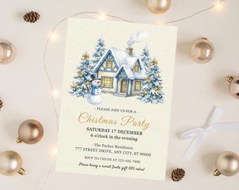 May include: Christmas party invitation featuring a watercolor illustration of a snow-covered house and snowman. The invitation includes the text "Christmas Party" and event details in gold lettering. Decorative elements include pinecones and ornaments.