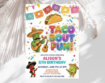 Bewerkbare Taco Bout leuke verjaardagsuitnodiging, Fiesta-verjaardagsuitnodiging, bewerkbare canvassjabloon A354