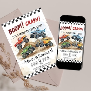 May include: Monster truck birthday party invitation with the text "BOOM! CRASH! It's a Monster Truck Bash!" and "Adrian is turning 5!" displayed on a card and a smartphone. The invitation features colorful monster truck illustrations.