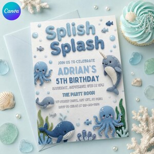 Könnte beinhalten: Eine rechteckige Geburtstagseinladungskarte mit filzartigen Illustrationen eines Narwals, zweier Kraken und zweier Wale. Der Text lautet Splish Splash, Join Us To Celebrate Adrian's 5th Birthday, Saturday, September 17th at 3pm, The Party Room.