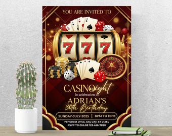 Zaproszenie na urodziny w kasynie, zaproszenie na imprezę w kasynie w Vegas, edytowalny szablon Canva A238