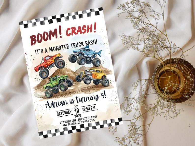 May include: A party invitation with the text "BOOM! CRASH!" and "IT'S A MONSTER TRUCK BASH!". The invitation features illustrations of monster trucks in red, blue, green, and yellow. The text "Adrian is turning 5!" is also included.