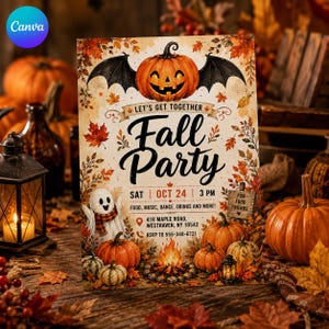 May include: A rectangular party invitation card featuring a central jack-o'-lantern with black bat wings, a ghost, pumpkins, and a bonfire. The text reads: Let's Get Together Fall Party, Sat Oct 24 3 PM, 418 Maple Road, Westhaven, NY 10542.